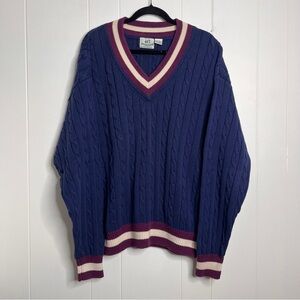 Van Heusen Navy and Burgundy V-Neck Sweater Cable Knit Cotton Men's XL